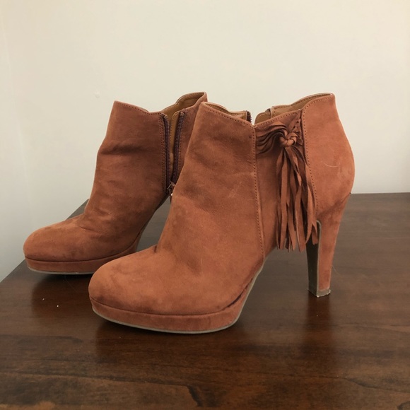 UNLISTED Brown/Tan Suede Heel Boots with Fringe - Picture 1 of 5